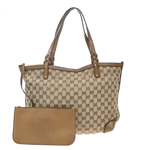 GUCCI Logo GG Pattern Shoulder Tote Bag Canvas Leather Brown Italy - Picture 1 of 16